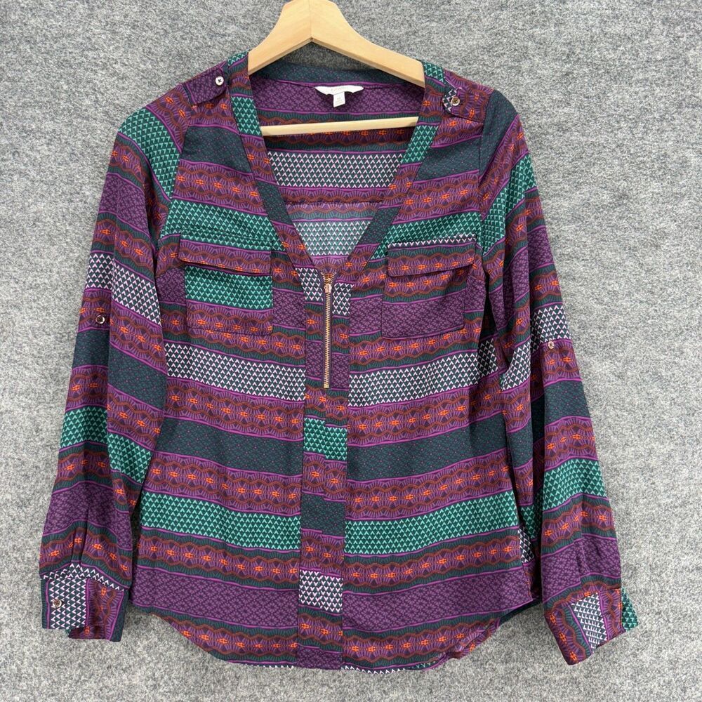 Candie's Blouse Women XS Purple Striped V-Neck Long Sleeve Zipper Breathable